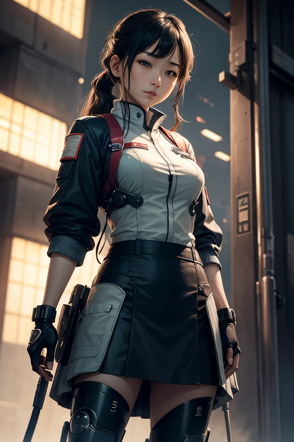 Future City、Japanese、woman、Mechanic、cyborg、mechanical、uniform、skirt