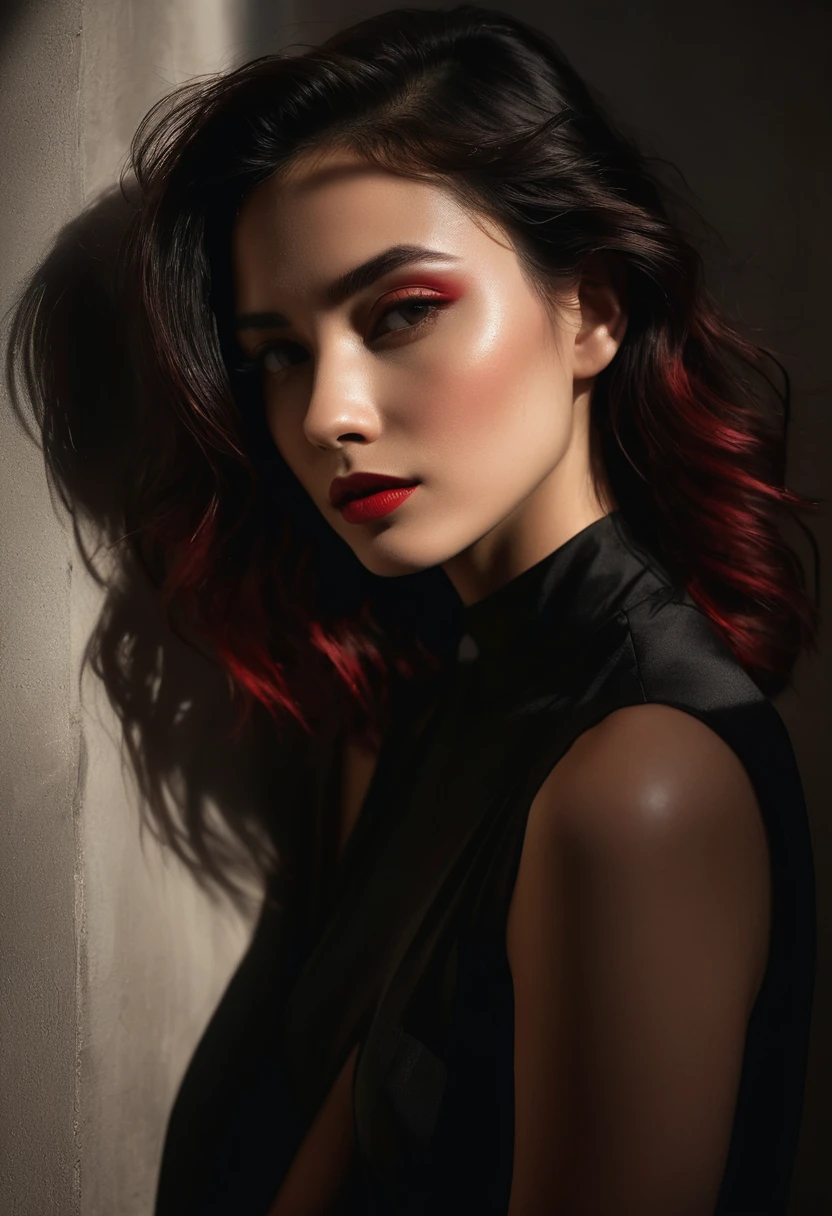 woman bathed in soft light, leaning against a wall, looking into the camera in a moment of raw emotion. Her attire is minimal, accentuating her beauty with the dramatic shadows cast by the lighting. The background is stark, with sharp contrasts highlighting the contours of her form. The red and black palette intensifies the mood, evoking a sense of mystery and allure. Subtle film grain and meticulous shading add depth and texture, emphasizing the emotional gravity of the scene. The lighting creates a chiaroscuro effect, accentuating her expressive pose and the intense atmosphere.
