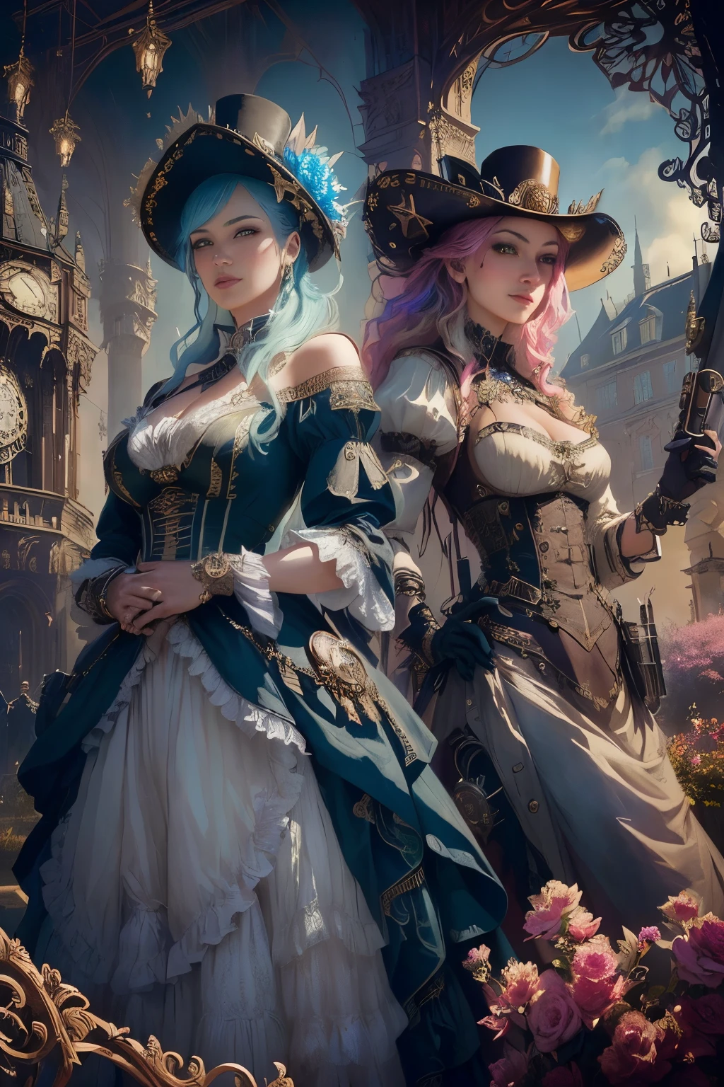 two women in fancy clothing standing in front of a clock tower, rococo cyberpunk, steampunk fantasy style, in a steampunk world, edgar maxence and ross tran, ornate cosplay, steampunk fantasy, steampunk aesthetic, in a steampunk distopian city, vivid steampunk concept, colorful sci-fi steampunk, cyberpunk wild west, steampunk style, set in a steampunk world