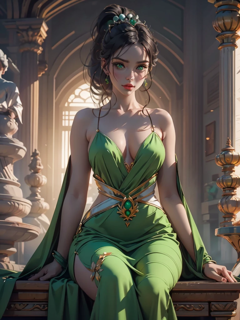 a seductive 30-year-old incredibly beautiful young femme fatale, with long curly chocolate hair gathered in a high ponytail decorated with pearls, precious stones, a tiara with green stones, she has green eyes, neat seductive luxurious breasts, a beautiful feminine figure, rounded hips, she is wearing a seductive white-green dress with thin straps, open shoulders, orange thin transparent shawl. She is sitting near a fountain in a luxurious palace.Realistic image. Masterpiece, perfect image, realistic photos, full-length image, 8k, detailed image, extremely detailed illustration, a real masterpiece of the highest quality, with careful drawing.