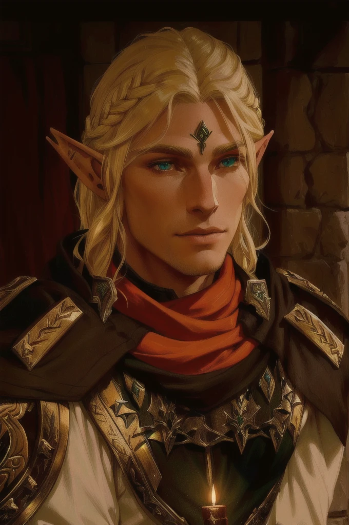 elf male, long blond hair, green eyes, elven character, brown tree tattoo on his forehead, a middle aged elf, male blonde elf ranger, a male elf, elven male, of an elden ring elf, dragon age inquisition, a portrait of a male elf,  elvish blonde male warrior, wearing armor, Ultrarealistic medieval dark fantasy male elf warrior. fine details, candle lighting, warm weather, [shadows], photographed on a Nikon D850, 50mm F/5.6 lens, ISO 100, HDR, 8k, highly detailed, sharp focus, Cinestill 800T, film still from Kingdom of Heaven, front view, eye focus,