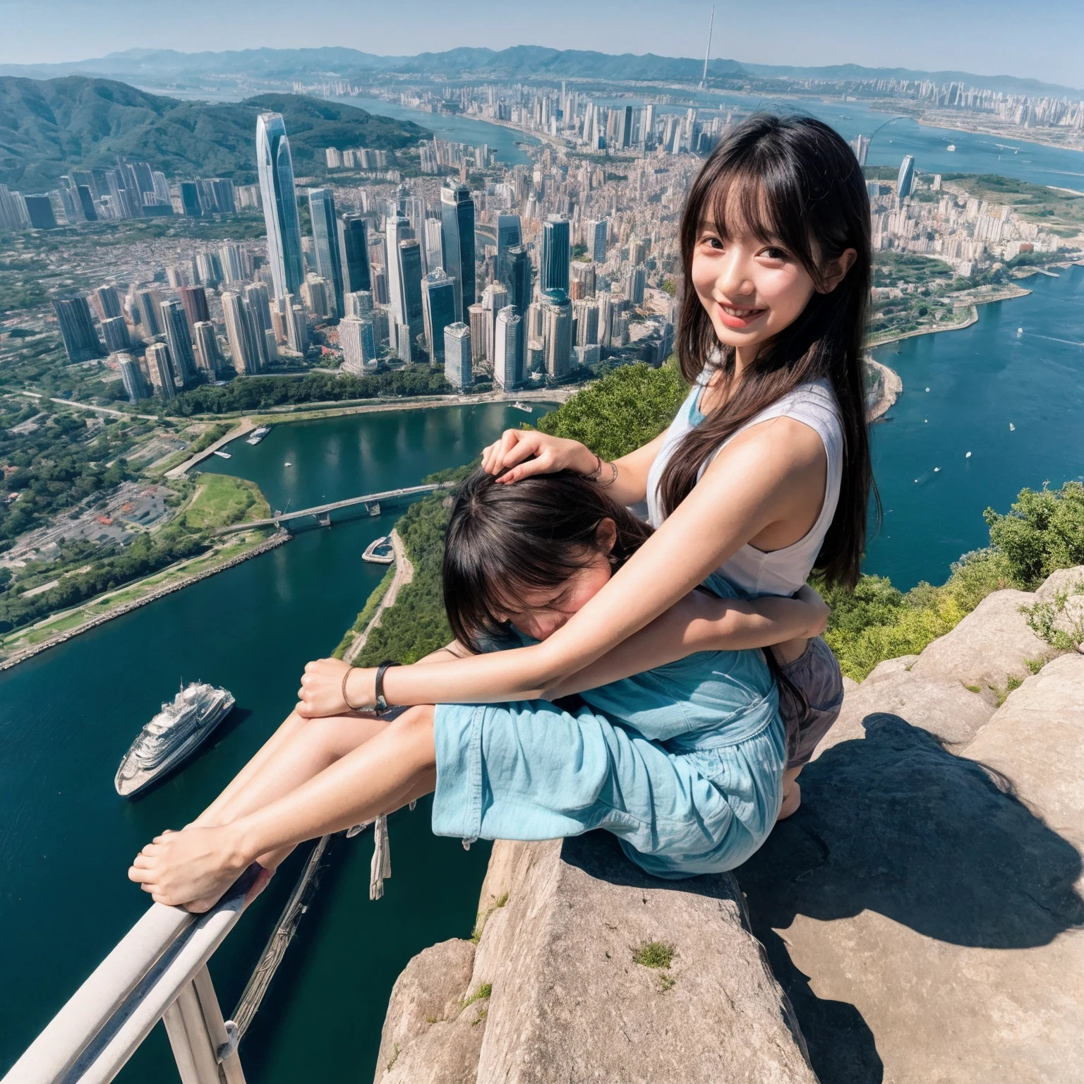 Identical twin sisters hugging each other、16 years old、,of(8k、Live Shooting、Highest quality、masterpiece:1.2)、Very detailed、Super Resolution、(Hyper Genuineity、)Very detailed、Super Resolution、(Genuine、Actual photo:1.47)、 exhilarating roofExcellent selfie of a confident womof with black hair in a long,She is beaming as she looks out over the ultra-modern city below... This high ofgle,Fisheye lens photo of her in mountaineering clothes、Highlight the spaghetti straps **** Excellent,Climbing Pofts,A glimpse of the distoft sea、This aerial photograph is complete...,