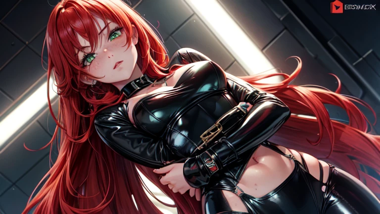1girl, solo, red hair in loose waves, green eyes, heart-shaped face, freckles, skimpy black latex clothing, degrading look, charm bracelet, delicate jewelry, neutral background, relaxed and casual, femdom, dominarix, looking down, findom, looking down, standing