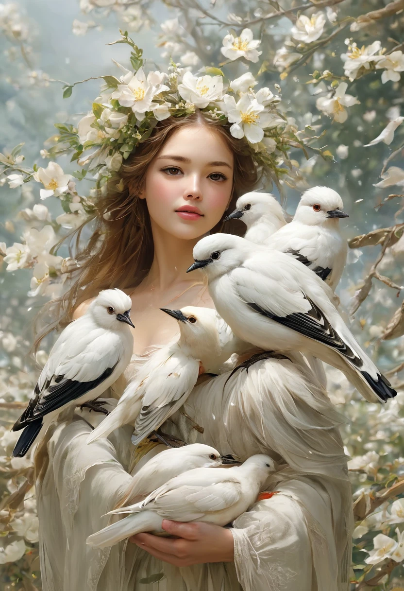 Lots of little white birds,　The bird&#39;s beak is yellow，The background is blue sky,　Shining soap bubbles of all sizes,　Rainbow angel wings,　Low - Angle　Colorful flowers shining in the sun