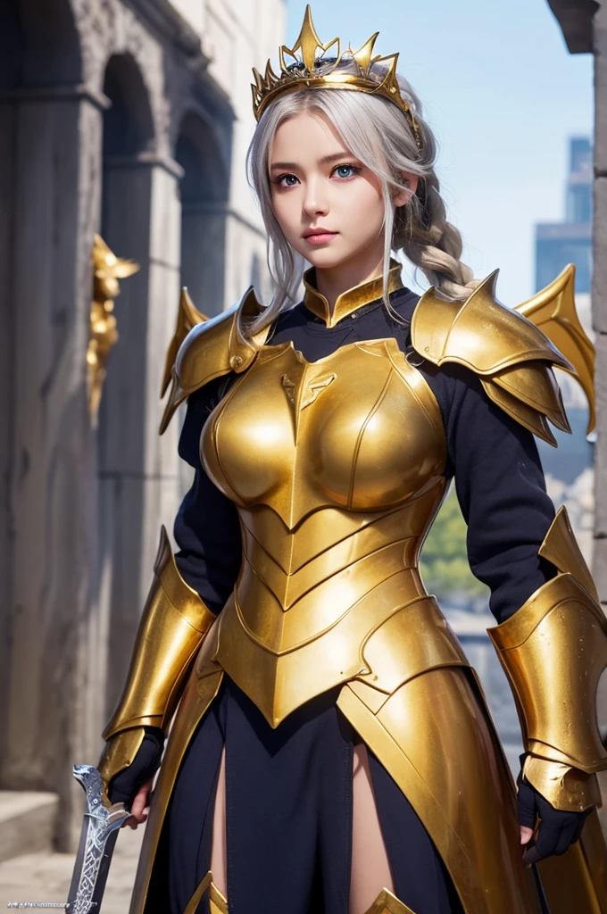 Ultra HD、Ultra-clear、Beautiful Face、prick々Holy warrior in beautiful golden armor、Golden Wings、Golden Tiara、Full body golden armor、Dragon scale armor、Heavy golden armor、blue eyes、Silver Hair、Braided Hair、Big Breasts、Big Great Sword、