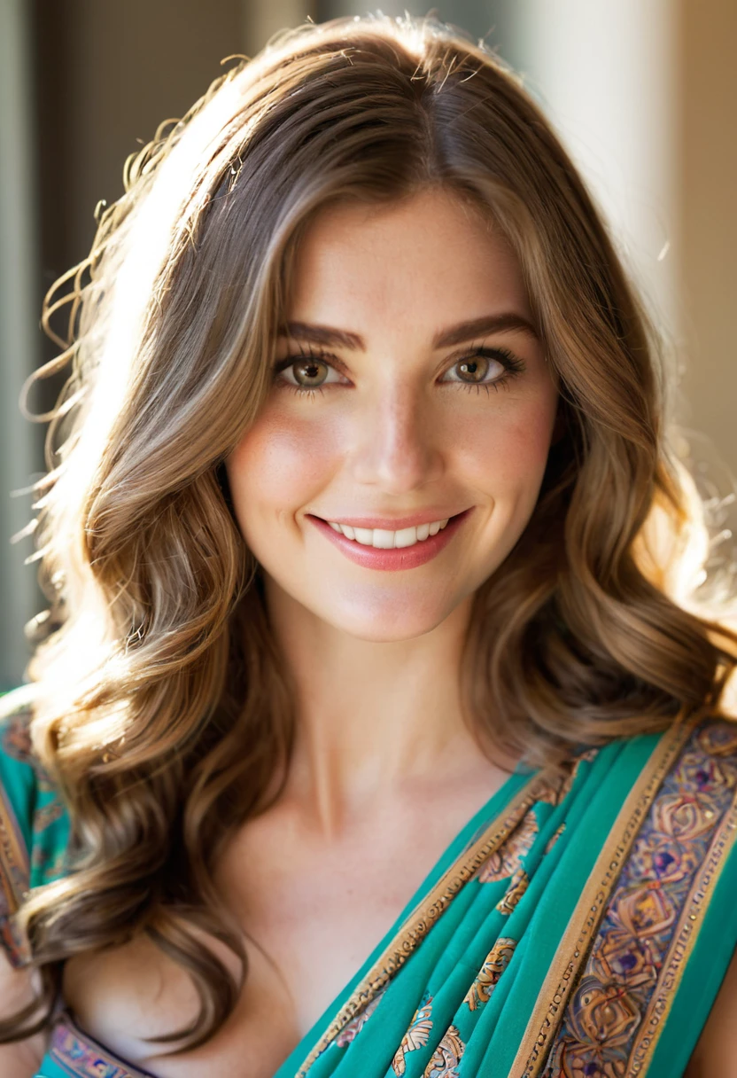 A cheerful, Caucasian woman with long, wavy brown hair dressed in a richly patterned saree, her face lit by natural light as she poses for a close-up headshot