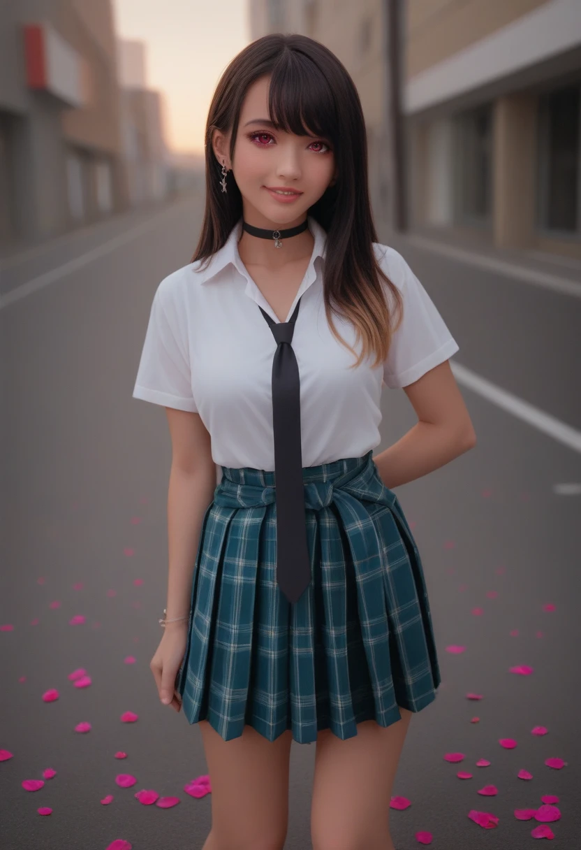 masterpiece, best quality, full body, 1girl, bangs, black choker, black necktie, black hair, blue skirt, blush, bracelet, breasts, choker, clothes around waist, collarbone, collared shirt, cowboy shot, dress shirt, ear piercing, eyebrows visible through hair, gradient hair, grin, gyaru, jewelry, kogal, long hair, looking at viewer, loose necktie, necktie, piercing, plaid, plaid skirt, pleated skirt, red eyes, ring, , shirt, skirt, smile, solo, white shirt, street, sky, cherry blossoms, petals,illustration, (magazine:1.3), (cover-style:1.3), fashionable, woman, vibrant, outfit, posing, front, colorful, dynamic, background, elements, confident, expression, holding, statement, accessory, majestic, coiled, around, touch, scene, text, cover, bold, attention-grabbing, title, stylish, font, catchy, headline, larger, striking, modern, trendy, focus, fashion