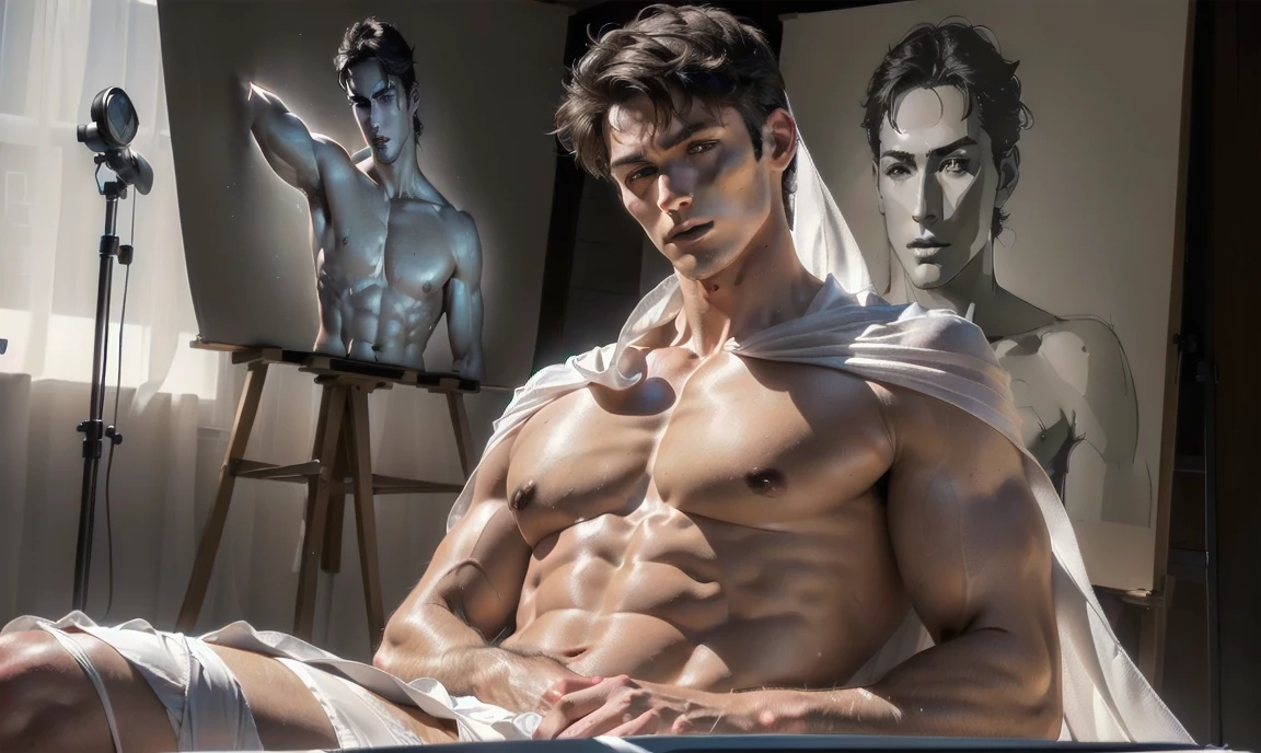 "((highly detailed, detailed eyes, detailed face, clear and realistic facial features, photorealistic, realistic light; cinematic)), ((((life drawing class)))), (((seductive coy erotic gorgeous male model posing))), ((covering chest and crotch with draped sheet))."