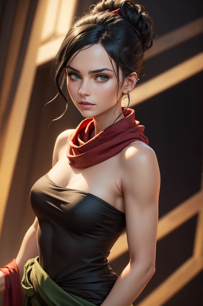 realistic portrait of a beautiful woman with piercing green eyes, black hair tied in a bun, wearing a strapless midi dress, a red scarf around her neck, and flowy arm sleeves, highly detailed facial features, intricate fabric textures, dramatic lighting, cinematic composition, muted color palette, masterpiece, 8k, photorealistic, sharp focus, physically-based rendering, extreme detail description, professional, vivid colors, bokeh