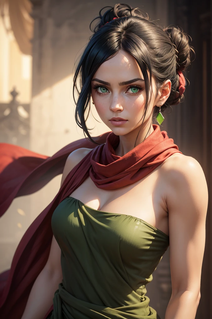 realistic portrait of a beautiful woman with piercing green eyes, black hair tied in a bun, wearing a strapless midi dress, a red scarf around her neck, and flowy arm sleeves, highly detailed facial features, intricate fabric textures, dramatic lighting, cinematic composition, muted color palette, masterpiece, 8k, photorealistic, sharp focus, physically-based rendering, extreme detail description, professional, vivid colors, bokeh