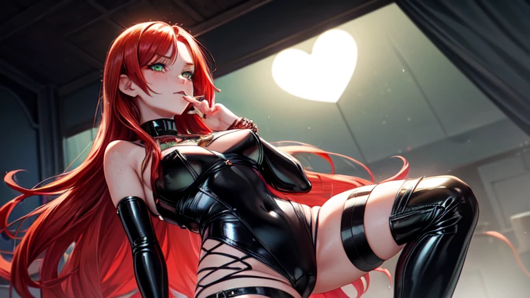 1girl, solo, red hair in loose waves, green eyes, heart-shaped face, freckles, skimpy black latex clothing, degrading look, charm bracelet, delicate jewelry, neutral background, relaxed and casual, femdom, dominarix, looking down, findom, looking down, standing