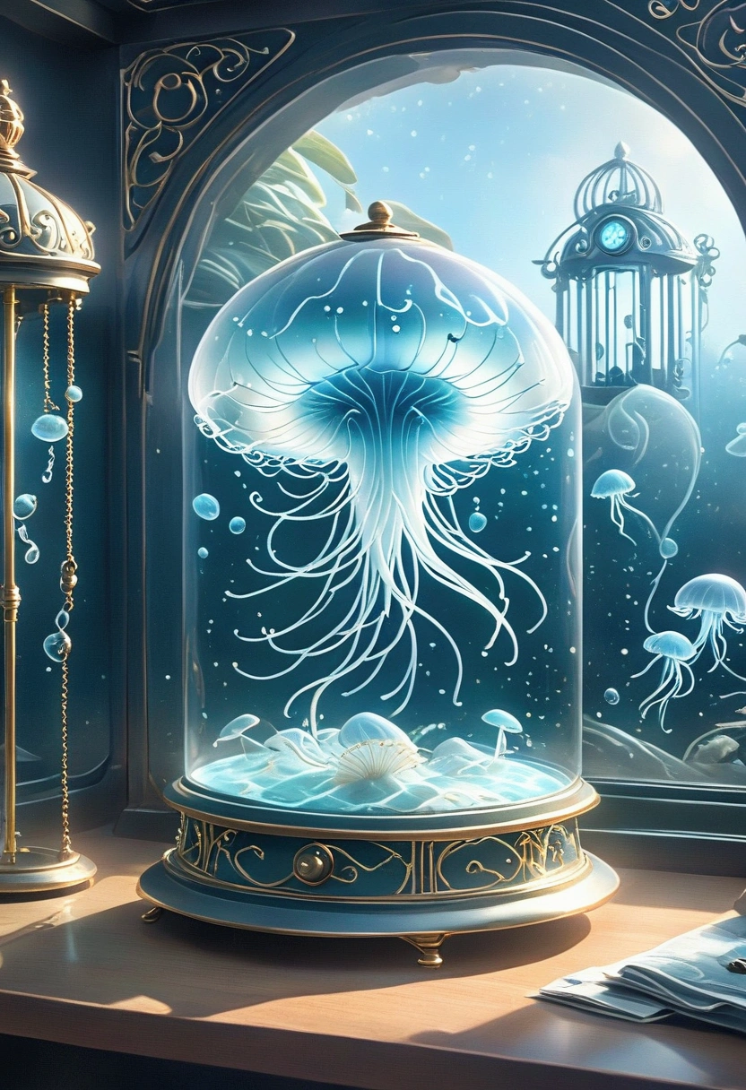 There is a jellyfish in the glass cabinet，There is a clock inside, Victorian Era，jellyfish elements, Art Nouveau Octane Rendering, Cyberpunk Jellyfish, Jellyfish Temple, author：Alexander Giemsky, jellyfish elements, 8k high detail concept art, Rudolf Berarsky, Magic Lab Setup, object concept art, Houdini visual effects, Alexander Kucharsky