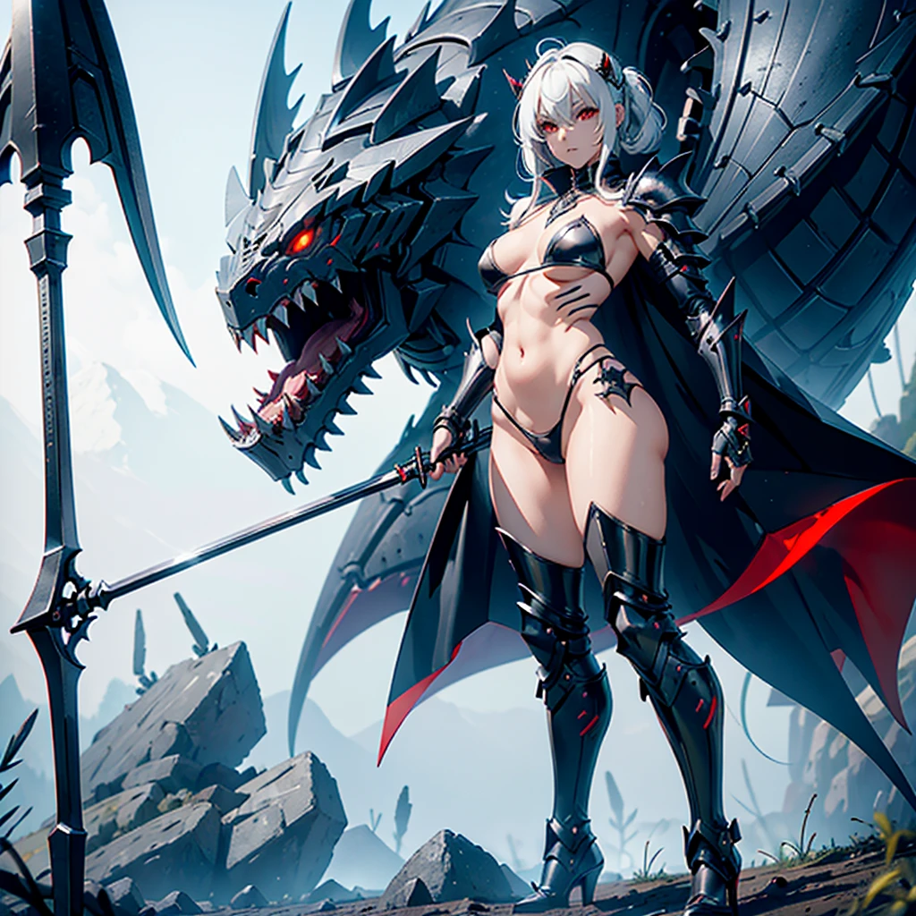 (Tabletop), (Perfect athletic body:1.2), whole body, Knight of the Mechanical Life Form, Feminine body type, Black Armored, Holding a scythe, Red Six Eyes, Fangs facing large jaws, High heel boots, Mechanized limbs, White Background, whole body, Standing in the Wilderness