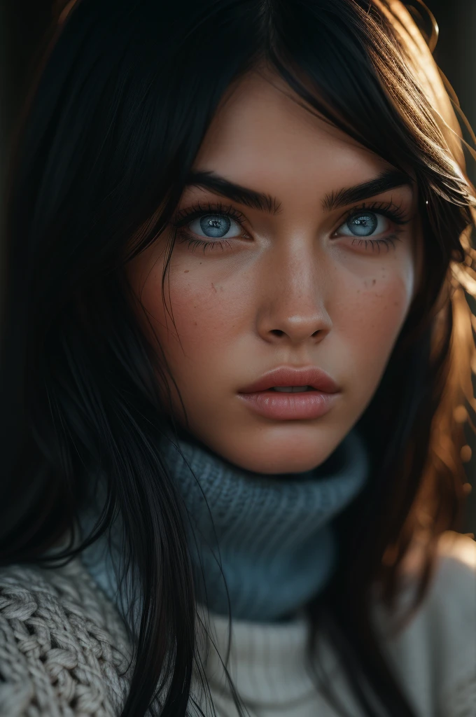 Megan Fox, ultra-detailed Nordic eyes, bangs, knit sweater, (((masterpiece, ultra-detailed face))).