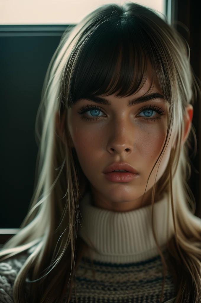 16 years old Megan Fox, ultra-detailed Nordic eyes, bangs, knit sweater, (((masterpiece, ultra-detailed face))).