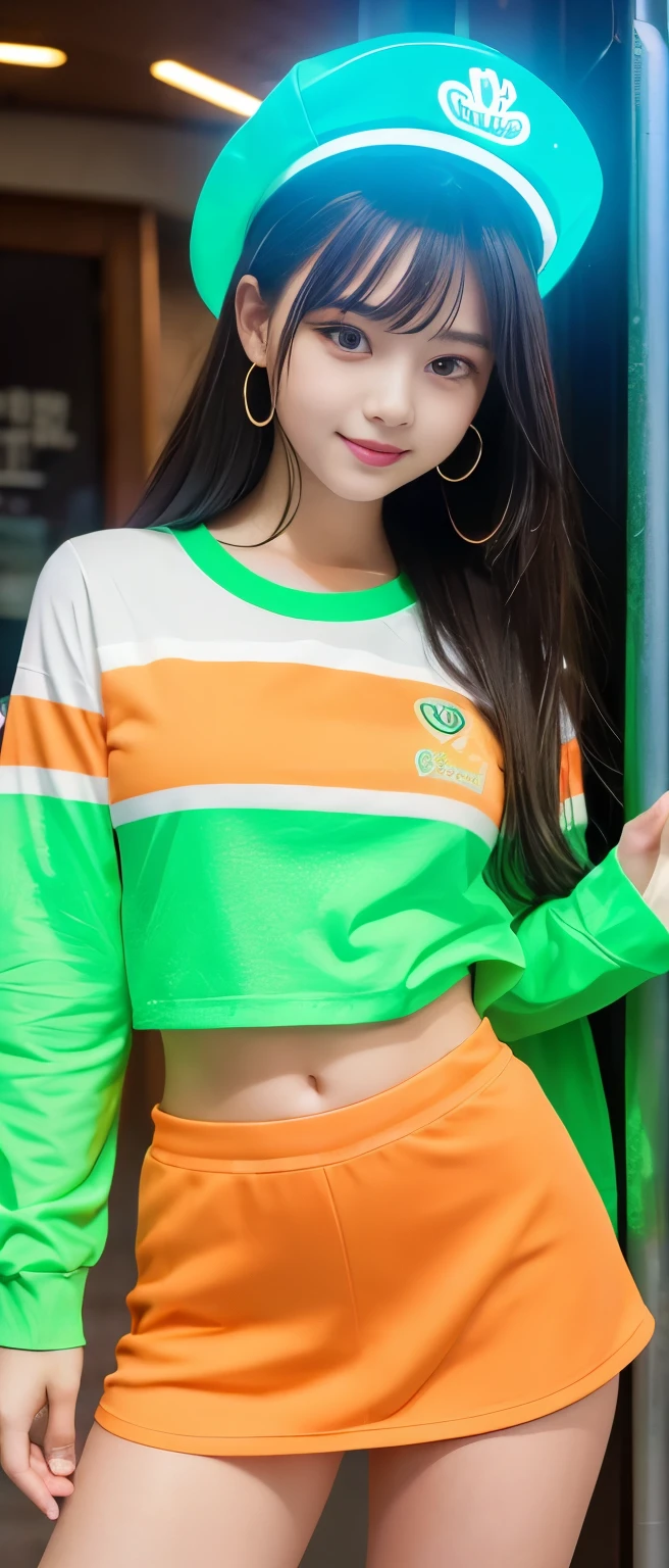 Cute  Idol Girl、whole body、Good style、、、、、、、、、、Thick legs、Glowing fluorescent uniform（Red、blue、yellow、green、orange）、、Cool girl face、、