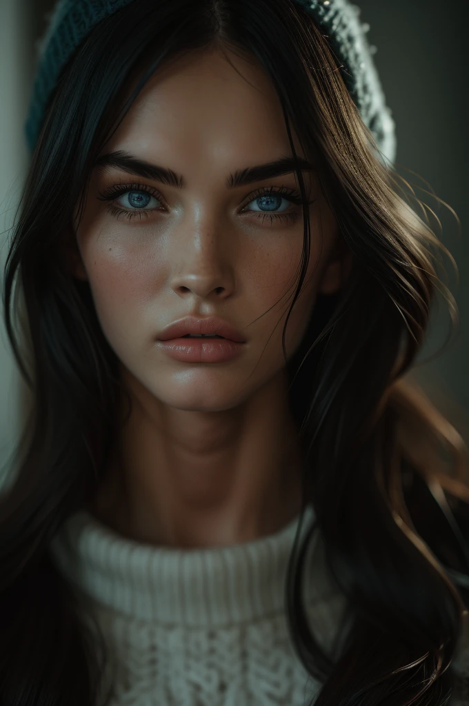 16 years old Megan Fox, ultra-detailed Nordic eyes, bangs, knit sweater, (((masterpiece, ultra-detailed face))).