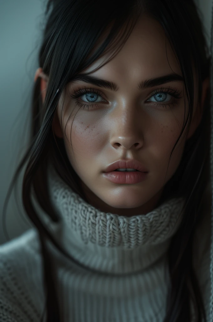 16 years old Megan Fox, ultra-detailed Nordic eyes, bangs, knit sweater, (((masterpiece, ultra-detailed face))).