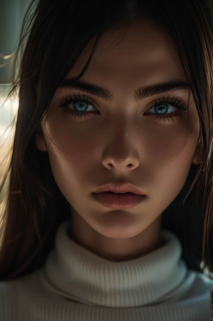 16 years old Megan Fox, ultra-detailed Nordic eyes, bangs, knit sweater, (((masterpiece, ultra-detailed face))).
