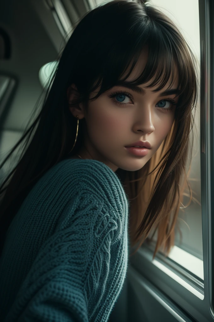 Megan Fox, ultra-detailed Nordic eyes, bangs, knit sweater, (((masterpiece, ultra-detailed face))).