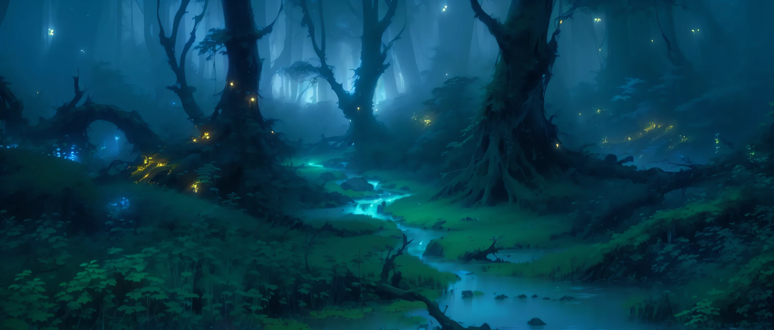 There is a stream flowing through a forest full of trees., background technologywork, Moonlight Forest Environment, Elf forest background, firefly forest at night, dark swamp, Swamp Forest, Fantasy forest environment, Swamp atmosphere, Dark Forest concept art, Quiet forest night scene, background technology, The Jungle BookLandscape, Night Forest, The Jungle Book, The background is the Enchanted Forest