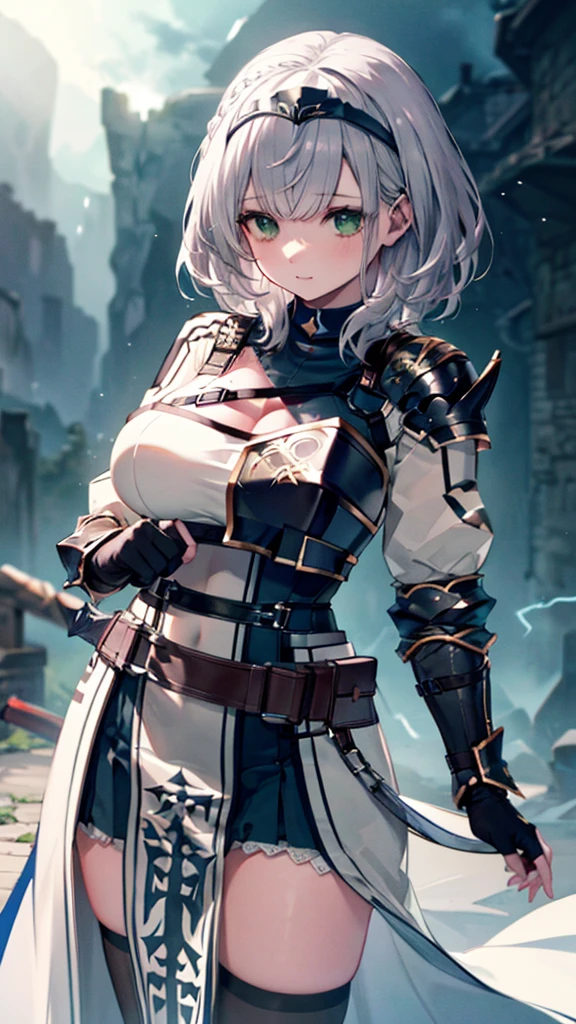 (Ultra-high resolution,masterpiece, Attention to detail, Highest quality), 8k,(Arnoel, Medium Hair, Green Eyes, hair band, Blue Collar, Shoulder Armor, Cleavage, Mole on chest, Dress in Armor, Chest belt, Gold border, Fingerless gloves, Black gloves, Tea belt, Pouch, Pelvic Curtain, Black knee socks),(Blessed,Captivating body、Ultra-detailed skin、Very beautiful eyes、Detailed Background),One Girl、 (enjoy :1.5)，Vision，Surrounding Lightning，Sword Rain，Young Taoist monk，Infinity Sword System，Glow effect，Ultra-realistic，Ultra-realisticな写真，Chinese black and white ink painting，Black and white，discoloration，dyeing，ink，8k，Super fine，High quality