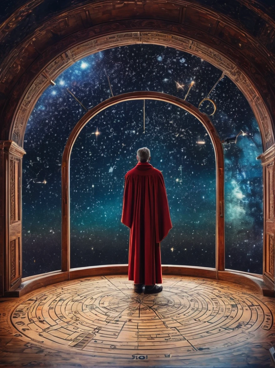 At the center of a celestial observatory, an astrologer clad in robes adorned with stars and galaxies gazes into an aetheric telescope. The observatory is suspended in space, with planets and constellations visible through its transparent walls. As the astrologer maps the heavens, streams of aetheric energy flow from the stars, connecting with the runes and symbols inscribed on the floor. The scene embodies the infinite wisdom of the cosmos. , the scene is captured in dimly lit dark fantasy but vibrant colors, with bold ink lines defining form against the watercolor wash of the aged paper