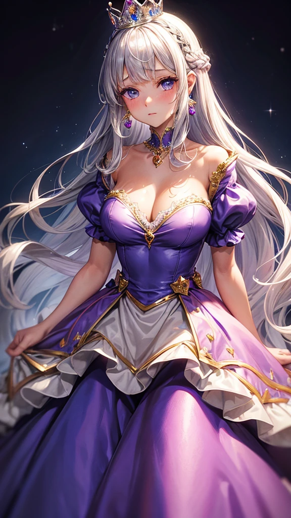 Princess, princess dress, purple dress, puffy sleeves, breasts, tan skin, crown, long hair, silver hair, blue eyes, blush, teasing, diamonds, jewelry, earings, masterpiece, water, wet, 1girl, solo