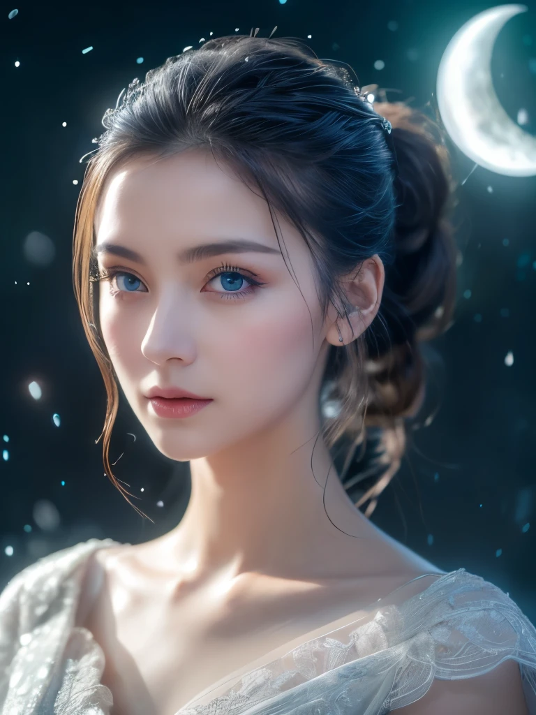 masterpiece, (Highest quality: 1.2), (Super Fine: 1.2), 8k Raw Photo: 1.5, (Ultra high definition,Very delicate and beautiful: 1.2), Film Angle, floating, (Beautiful detailing: 1.1), (Detail Light: 1.1), Film Light, Delicate Sky, woman, Gray Hair, blue eyes, (High Ponytail: 1.1), Cape, Glowing Eyes, (moon: 1.2), (moonlight: 1.1), Starry Sky, (Particles of light: 1.1), fog , Snow Painting, sketch, flowering