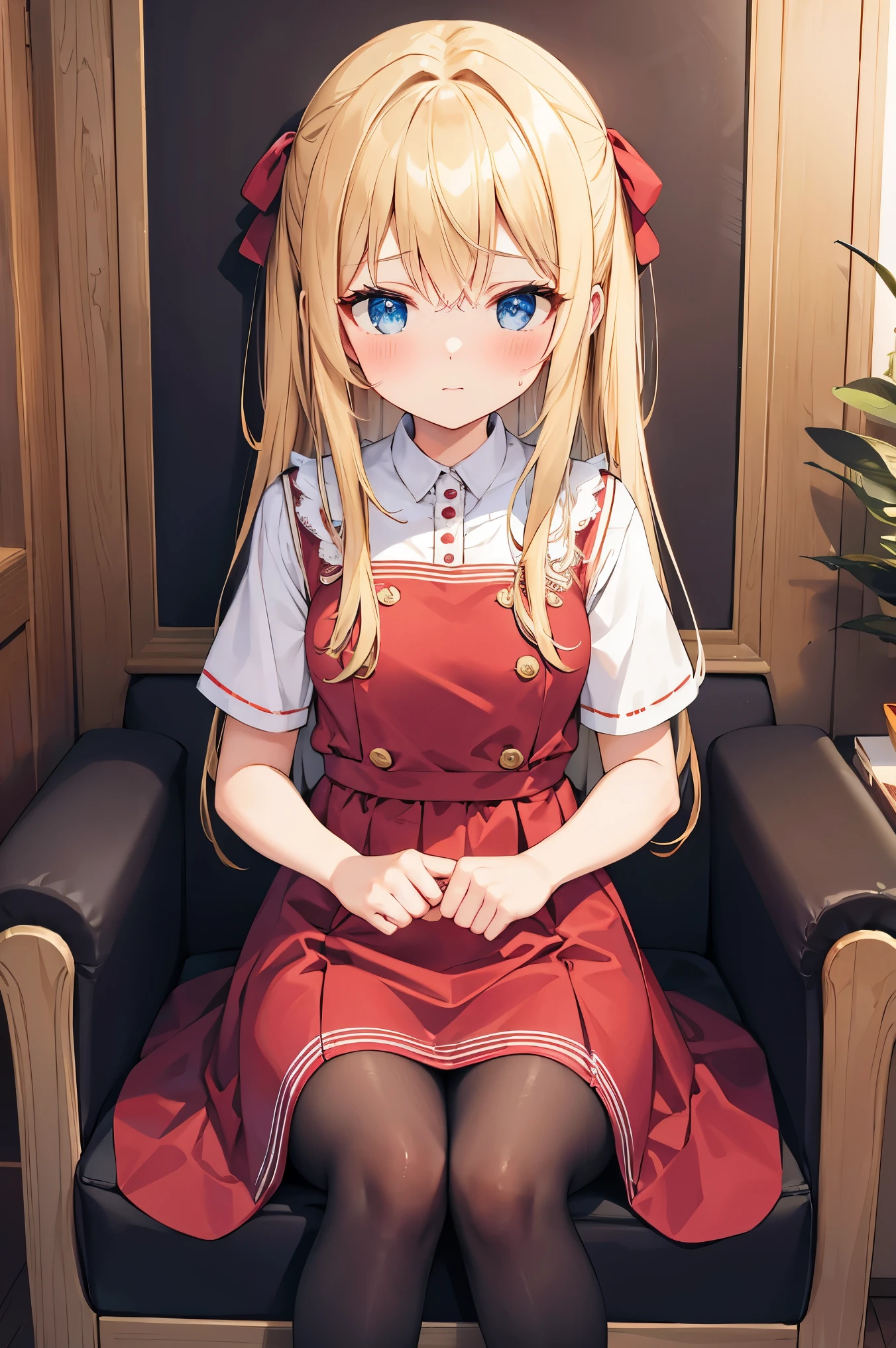 (masterpiece, best quality), 1girl, blonde hair, red dress, pantyhose, cute face, blush, 