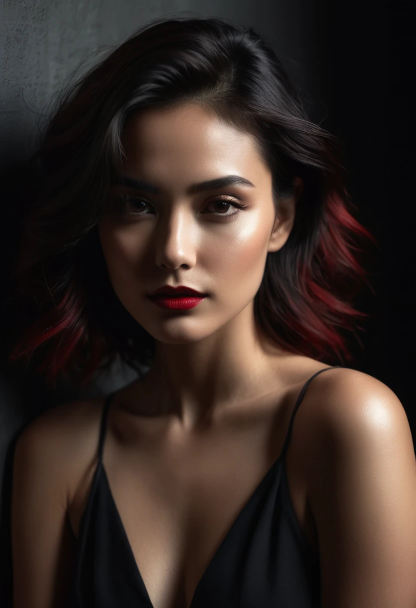 woman bathed in soft light, leaning against a wall, looking into the camera in a moment of raw emotion. Her attire is minimal, accentuating her beauty with the dramatic shadows cast by the lighting. The background is stark, with sharp contrasts highlighting the contours of her form. The red and black palette intensifies the mood, evoking a sense of mystery and allure. Subtle film grain and meticulous shading add depth and texture, emphasizing the emotional gravity of the scene. The lighting creates a chiaroscuro effect, accentuating her expressive pose and the intense atmosphere.