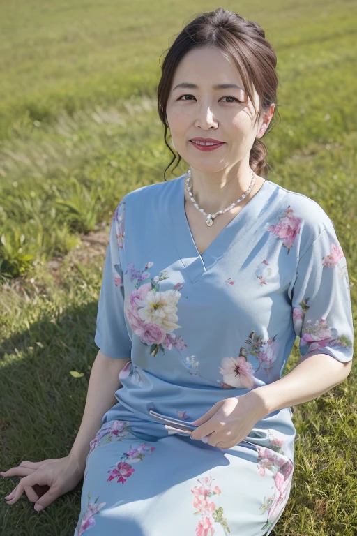 Beautiful and mature 55 year old Japanese woman, Married women, Fine Lines, Long eyelashes, Shining Eyes, Low Ponytail, Red lipstick, elegant, Gorgeous figure, Pearl Necklace, Low-cut blouse, Floral print slit skirt, whole body, lying on the green grass, Sleep on your back, , (Highest quality,4K,8k,High resolution,masterpiece:1.2),Very detailed,(Realistic,photoRealistic,photo-Realistic:1.37),High resolution,超High resolution,Studio Lighting,Ultra-fine painting,Sharp focus,Physically Based Rendering,Very detailed説明,Professional,Vibrant colors,Bokeh,Portraiture
