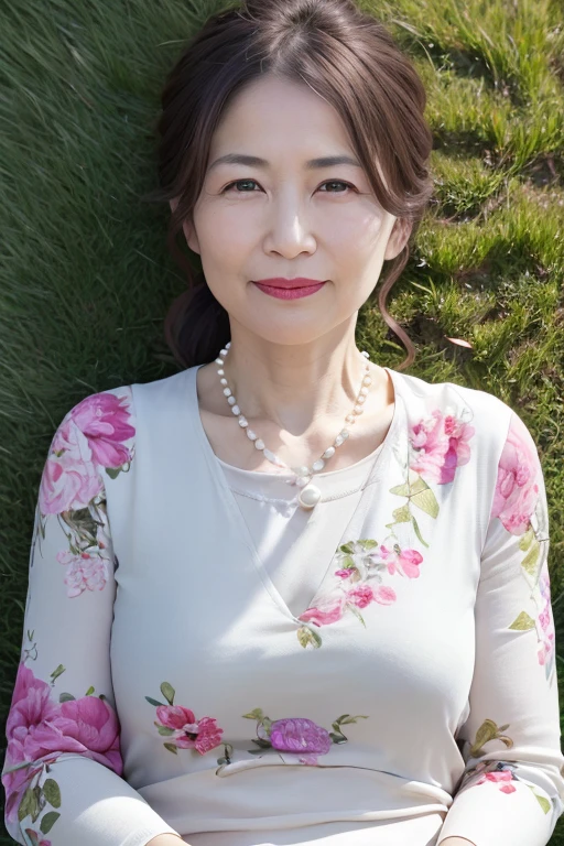 Beautiful and mature 55 year old Japanese woman, Married women, Fine Lines, Long eyelashes, Shining Eyes, Low Ponytail, Red lipstick, elegant, Gorgeous figure, Pearl Necklace, Low-cut blouse, Floral print slit skirt, whole body, lying on the green grass, Sleep on your back, , (Highest quality,4K,8k,High resolution,masterpiece:1.2),Very detailed,(Realistic,photoRealistic,photo-Realistic:1.37),High resolution,超High resolution,Studio Lighting,Ultra-fine painting,Sharp focus,Physically Based Rendering,Very detailed説明,Professional,Vibrant colors,Bokeh,Portraiture