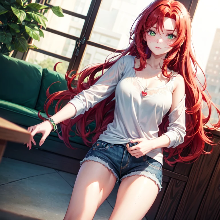 1girl, solo, red hair in loose waves, green eyes, heart-shaped face, freckles, casual clothing, degrading look, charm bracelet, delicate jewelry, neutral background, relaxed and casual, femdom, dominarix, looking down, findom, looking down, standing