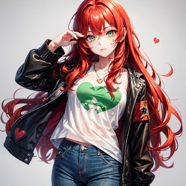 1girl, solo, red hair in loose waves, green eyes, heart-shaped face, freckles, casual clothing, degrading look, charm bracelet, delicate jewelry, neutral background, relaxed and casual, femdom, dominarix, looking down, findom, looking down, standing