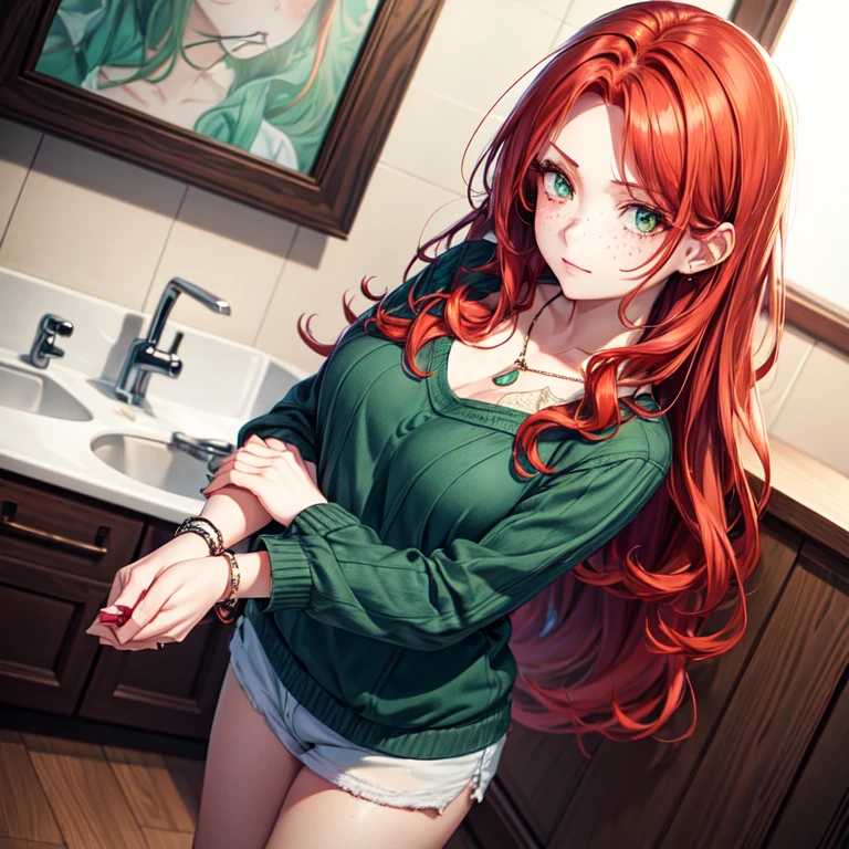 1girl, solo, red hair in loose waves, green eyes, heart-shaped face, freckles, casual clothing, degrading look, charm bracelet, delicate jewelry, neutral background, relaxed and casual, femdom, dominarix, looking down, findom, looking down, standing