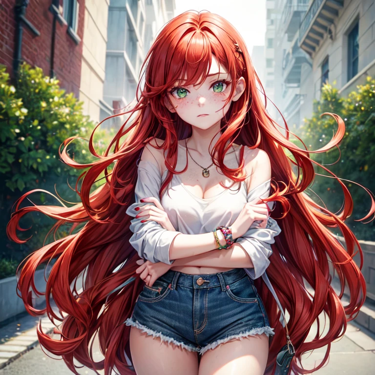 1girl, solo, red hair in loose waves, green eyes, heart-shaped face, freckles, casual clothing, degrading look, charm bracelet, delicate jewelry, neutral background, relaxed and casual, femdom, dominarix, looking down, findom, looking down, standing