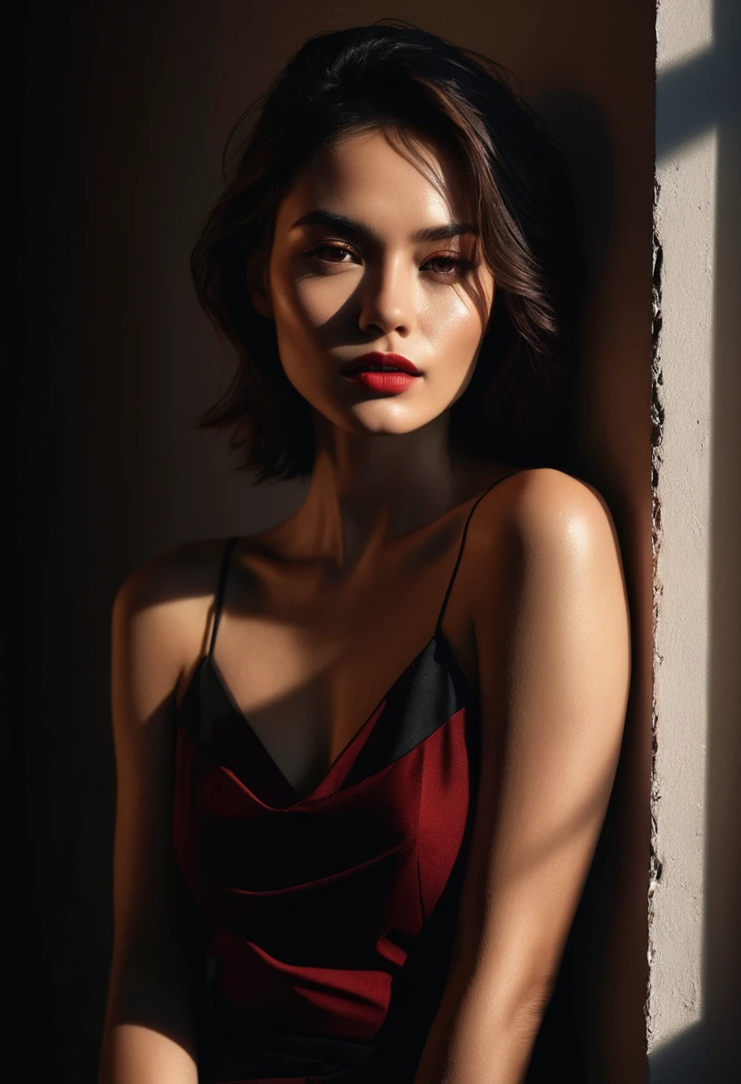woman bathed in soft light, leaning against a wall, looking into the camera in a moment of raw emotion. Her attire is minimal, accentuating her beauty with the dramatic shadows cast by the lighting. The background is stark, with sharp contrasts highlighting the contours of her form. The red and black palette intensifies the mood, evoking a sense of mystery and allure. Subtle film grain and meticulous shading add depth and texture, emphasizing the emotional gravity of the scene. The lighting creates a chiaroscuro effect, accentuating her expressive pose and the intense atmosphere.

