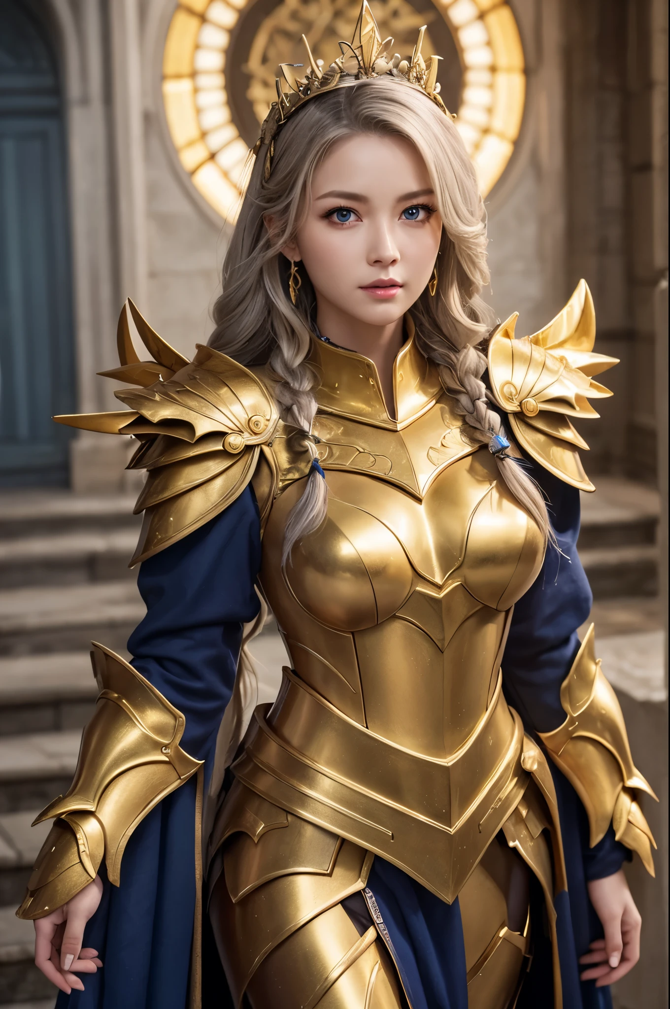 Ultra HD、Ultra-clear、Beautiful Face、prick々Holy warrior in beautiful golden armor、Golden Wings、Golden Tiara、Full body golden armor、Dragon scale armor、Heavy golden armor、blue eyes、Silver Hair、Braided Hair、Big Breasts、Big Great Sword、