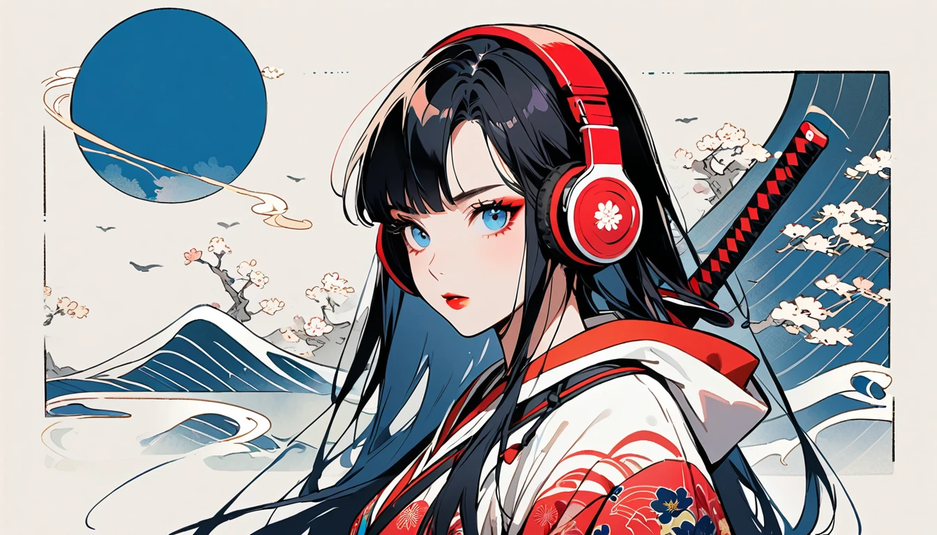 (((1 girl))), (((Flashy makeup))), (((Japanese style headphones))), (((Japanese pattern hoodie))), (((Female samurai))), Japanese beautiful girl, Black Hair, Delicate and precise, Modern ukiyo-e style,Japanese sword, Japanese flag, red and blue neon