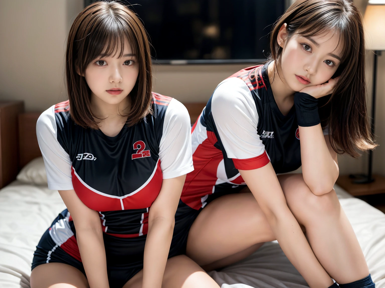 masterpiece, best quality, illustration, Super detailed, fine details, High resolution, 8K,wall paper, perfect dynamic composition,(Details High quality, realistic depiction of eyes:1.3), (2 girls), (short hair volleyball player, Volleyball Uniforms), Tight clothes, sitting, open legs, short bob hair, in a hotel room in the background, deep on field, large breasts, black hair color, Big Natural Color Lip, (perfect body shape), crying a little、Harajuku style、20 year old girl、cute type、beautiful legs, Gravure Idol