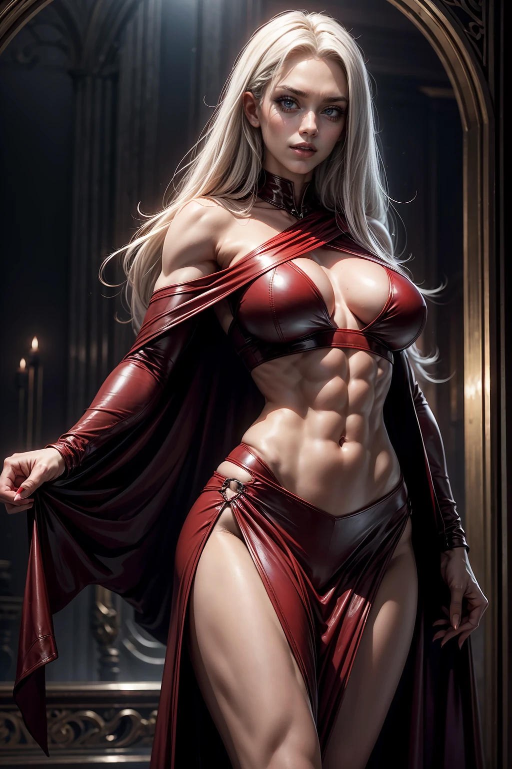 (best quality,4k,8k,highres,masterpiece:1.2),ultra-detailed,physically-based rendering,vivid colors,bokeh,a playful sexy female vampire with muscles, (((strong muscles, defined muscles, biceps, triceps, eight pack abs, wide shoulders, narrow hips, narrow waist, huge breasts))),portraits,sharp focus,beautiful detailed eyes,beautiful detailed lips,extremely detailed face,longeyelashes,pale skin,twilight atmosphere,dark red lipstick,gorgeous appearance,((muscles visible through clothing, leather top,))strong biceps and abs,sensual expression,prowling in the moonlight,seductively fanged smile,long flowing platinum blonde hair,striking pointy fangs,mysterious gaze,blood-red nails,provocative pose,dangerous beauty,alluring red silk dress,draped in a velvet cape,confident posture,enchanted aura,moonlit garden background,glowing eyes,piercing stare,mesmerizing charm,slender figure,graceful movements,fierce and powerful presence,immortal allure,temptation and desire,seductive vampire queen,ethereal and captivating,glamorous vampire queen, kkw-ph1