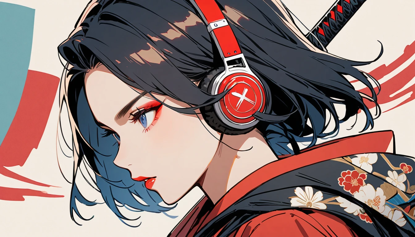 (((1 girl))), (((Flashy makeup))), (((Japanese style headphones))), (((Japanese pattern hoodie))), (((Japanese sword))), (((Female samurai))), Japanese beautiful girl, Black Hair, Delicate and precise, Modern ukiyo-e style, Japanese flag, red and blue neon