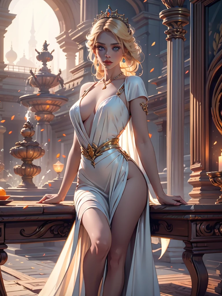 a seductive 30-year-old incredibly beautiful young femme fatale blonde with long golden hair gathered in a high hairstyle decorated with pearls, precious stones, a tiara with orange stones, she has blue eyes, neat seductive luxurious breasts, a beautiful feminine figure, rounded hips, she is wearing a seductive white-gold dress with thin straps, open shoulders, an orange thin transparent shawl. She is sitting near a fountain in a luxurious palace.Realistic image. Masterpiece, perfect image, realistic photos, full-length image, 8k, detailed image, extremely detailed illustration, a real masterpiece of the highest quality, with careful drawing.