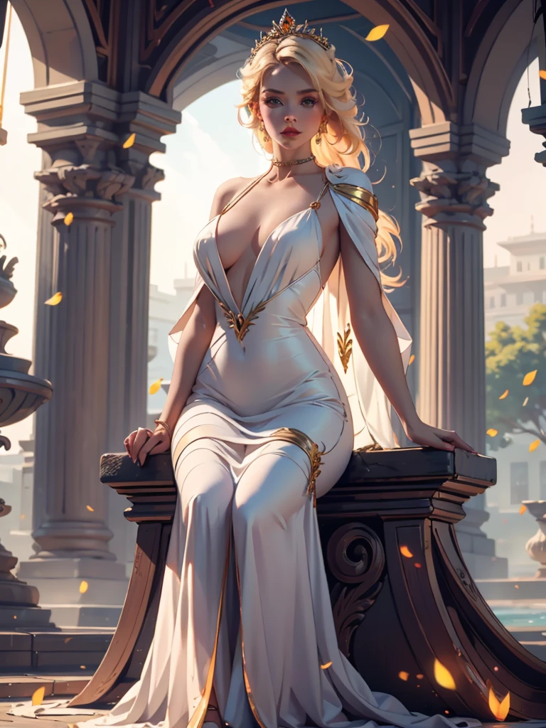 a seductive 30-year-old incredibly beautiful young femme fatale blonde with long golden hair gathered in a high hairstyle decorated with pearls, precious stones, a tiara with orange stones, she has blue eyes, neat seductive luxurious breasts, a beautiful feminine figure, rounded hips, she is wearing a seductive white-gold dress with thin straps, open shoulders, an orange thin transparent shawl. She is sitting near a fountain in a luxurious palace.Realistic image. Masterpiece, perfect image, realistic photos, full-length image, 8k, detailed image, extremely detailed illustration, a real masterpiece of the highest quality, with careful drawing.