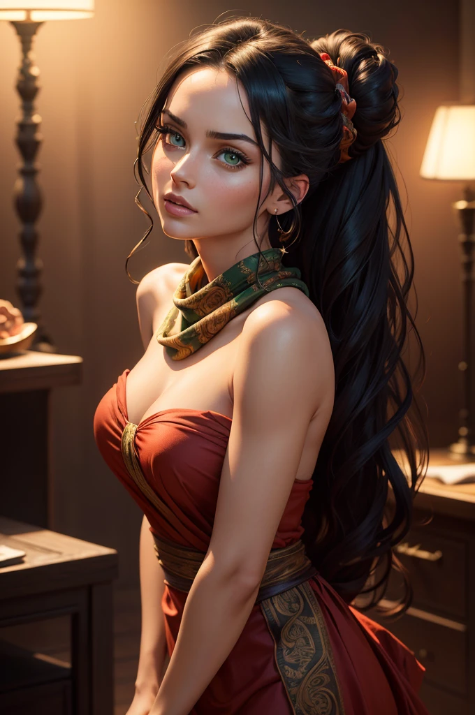 a beautiful young woman with striking green eyes, long luscious black hair tied in an elegant bun, wearing a strapless midi dress, a vibrant red scarf draped around her neck, and flowy arm sleeves, (best quality,4k,8k,highres,masterpiece:1.2),ultra-detailed,(realistic,photorealistic,photo-realistic:1.37),detailed portrait,intricate fabric textures,dramatic studio lighting,cinematic composition,vibrant colors,warm color tones