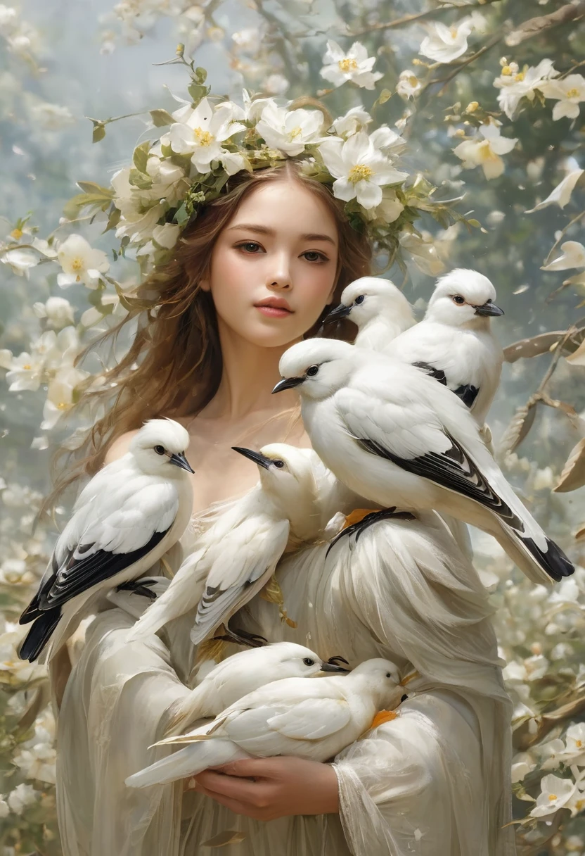 Lots of little white birds,　The beak is yellow，The background is blue sky,　Rainbow angel wings,　Low - Angle　Yellow flowers in the sun