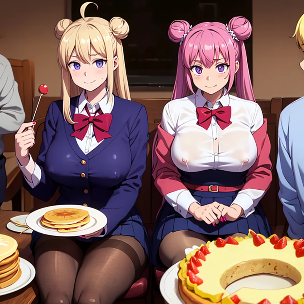 ((((Super Breasts))))、long hair, breasts, looking at viewer, blush, smile, bangs, skirt, large breasts, shirt, hair ornament, long sleeves, bow, cleavage, twintails, sitting, closed mouth, underwear, purple eyes, white shirt, pink hair, ahoge, pantyhose, pleated skirt, food, glasses, hairclip, collared shirt, indoors, bowtie, hair bun, nail polish, Good, see-through, black pantyhose, double bun, chair, table, pink nails, plate, cake, thighband pantyhose, purple skirt, pancakebreasts, bangs, multiple girls, blonde hair, large breasts, thighhighs, 1boy, 2girls, ponytail, Goodid, white hair, hetero, censored, multiple boys, 2boys, mosaic censoring, black bow, tattoo, grabbing, crown, french Goodid, lactation