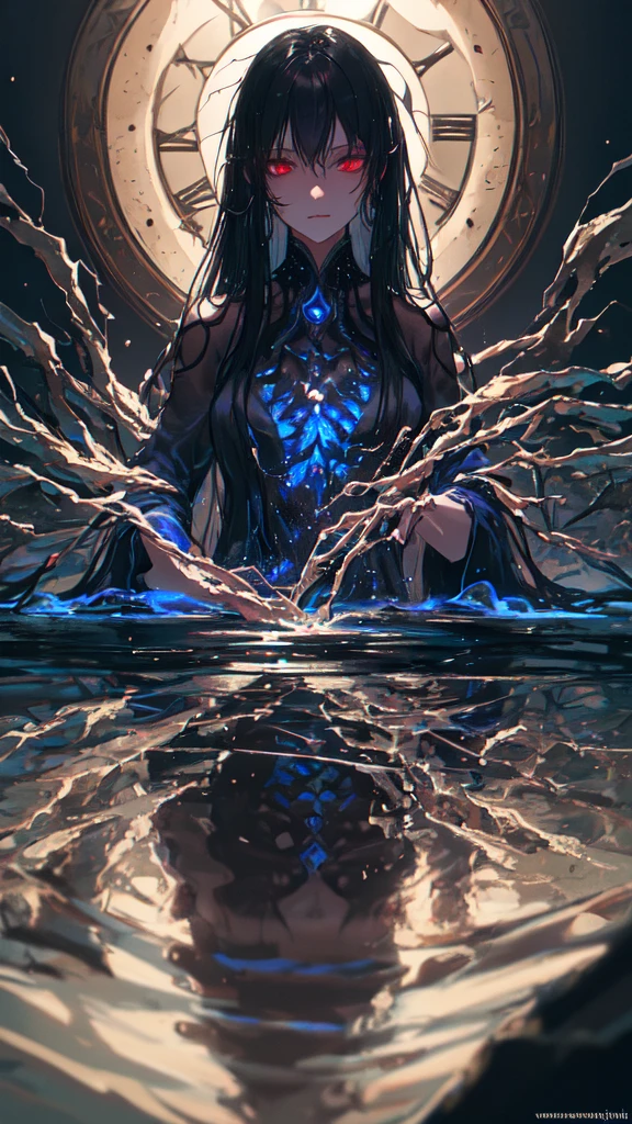 (masterpiece, Highest quality, Very detailed, Best Shadow), (Detailed Background,Dark fantasy), (Beautifully detailed face), High Contrast, (Best lighting, Very delicate and beautiful), ((Cinematic Light)), colorful, Hyper Detail, Dramatic Light, Intricate details, (1 girl, alone,Black Hair, Sharp Face,Long Hair,Red eyes, Hair between the eyes,Dynamic Angle), Blood splatter, Black light swirling around the character, Depth of written boundary,black light particles,(Broken glass),water,Long Black Hair、Immerse yourself in water up to your neck,The body is invisible through the water,clock,profile,View from below