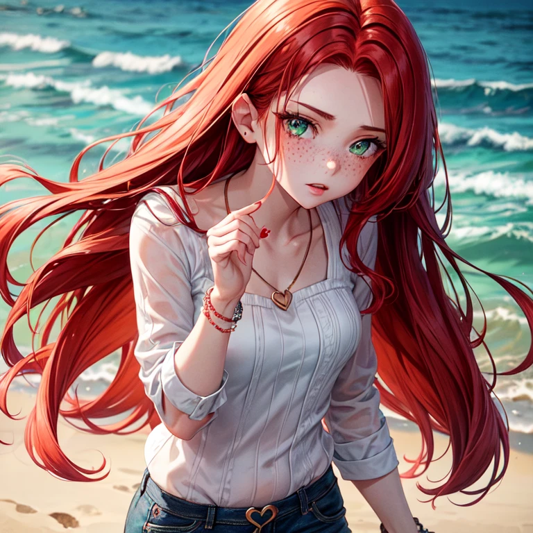 1girl, solo, red hair in loose waves, green eyes, heart-shaped face, freckles, sexy stylish clothing, degrading look, charm bracelet, delicate jewelry, neutral background, relaxed and casual, femdom, dominarix, looking down, findom, looking down, standing